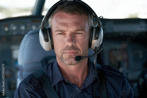Focused male pilot wearing headset inside airplane cockpit