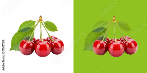 Fotografía Fresh red cherries with green leaves on stems transparent png