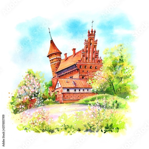 Картината върху платно Watercolor sketch of the historic Warmian Chapter Castle in Olsztyn, Poland, surrounded by flowering trees and fresh spring greenery