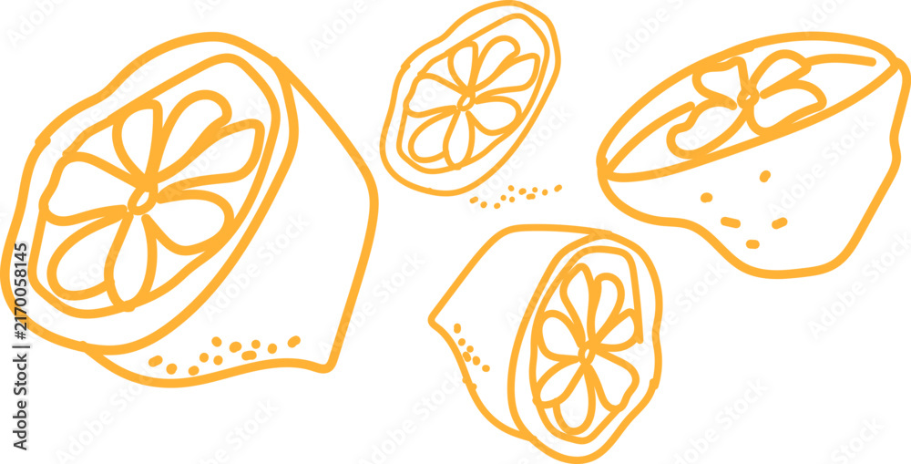 Obraz premium A simple hand drawn illustration of sliced lemons and lemon halves arranged on a clean white background surface