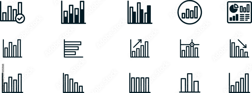 Obraz premium A collection of fifteen simple black line icons representing various business charts graphs and data analysis visualization tools