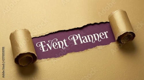 Event Planner text revealed through torn brown craft paper hole