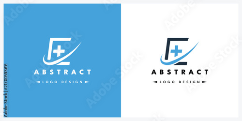 Letter E Medical Logo Design with Cross Symbol and Swoosh Vector Illustration