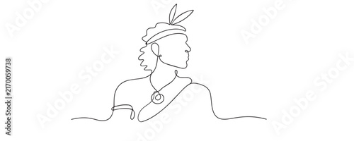 Single line drawing of an Aboriginal person. Continuous line drawing representing an Indigenous Australian person in traditional cultural context. Symbol of heritage, identity, and tradition.