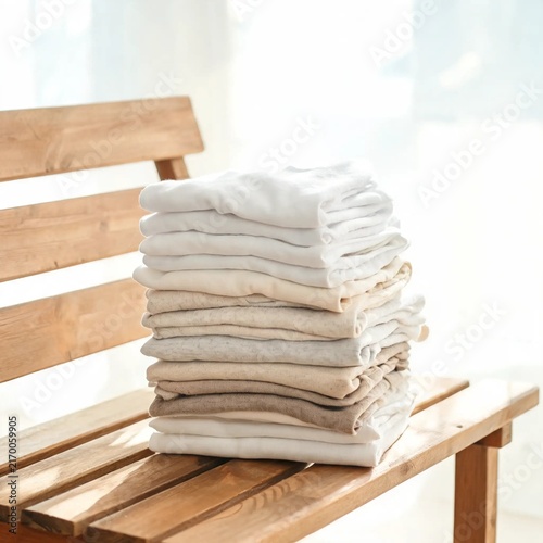 Stack of Neutral Preloved Cotton Clothing Folded Neatly on Wooden Bench