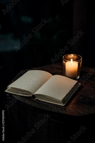 Open Blank Journal Beside Lit Candle On Nightstand Evening Wellness Self Care Ritual Balance