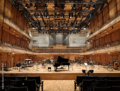 Concert hall stage ready for orchestral performance