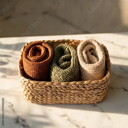 Woven Basket With Rolled Knit Wool Throws On White Marble Surface Cozy Winter Home Decor Background