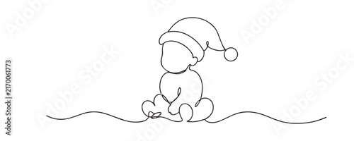 Single line drawing of a baby wearing a Santa hat. Continuous line drawing showing a cute infant in festive Christmas headwear, symbolizing holiday joy and childhood celebration.