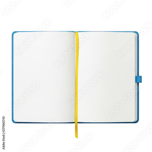 Open notebook with blank white pages and yellow ribbon bookmark isolated on transparent background for stationery