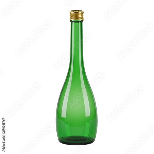 Empty green glass bottle with gold cap isolated on transparent background for beverage or cosmetic product