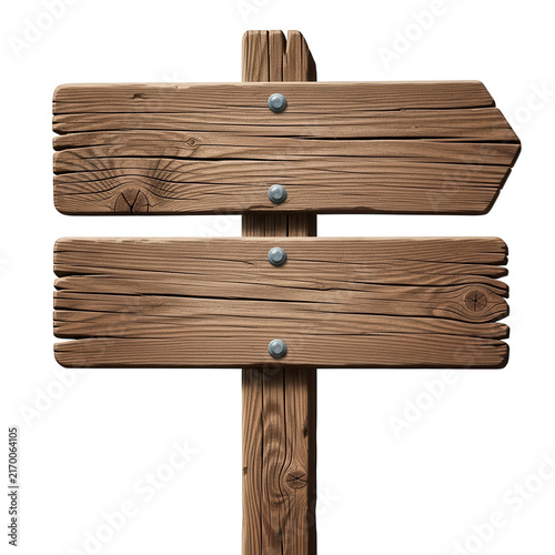 Rustic wooden direction signpost with two blank boards isolated on transparent background for outdoor wayfinding