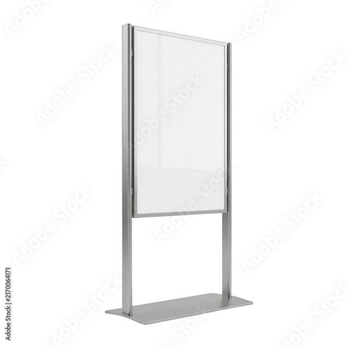 Modern silver standing display stand with blank sign holder isolated on transparent background for retail signage