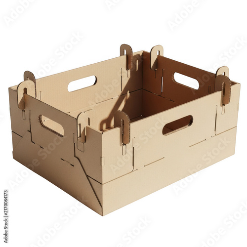 Empty corrugated cardboard crate for storage and shipping isolated on transparent background for logistics concept