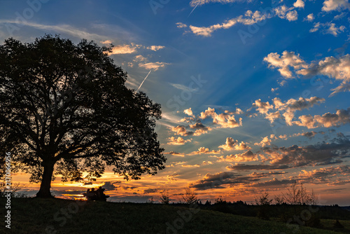 Sunset over the hill Hohberg, die hightest point in Swiss town Schaffhausen to observe diverse nature scenes.