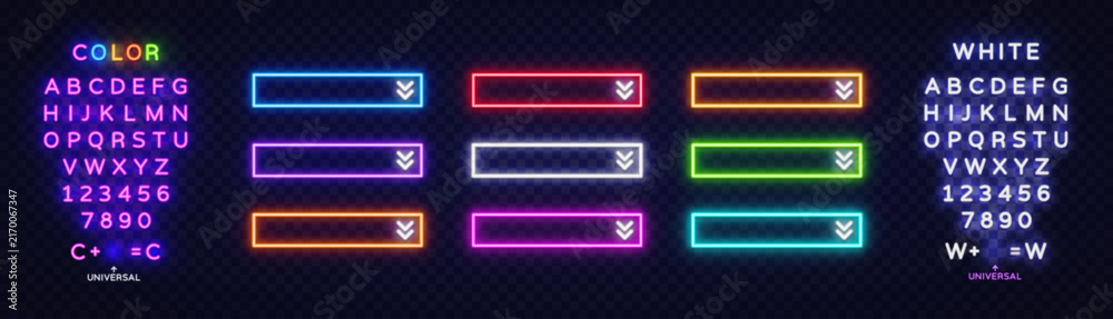 Obraz premium Set of neon rectangular buttons with chevron arrows, paired with editable color and white alphabet on dark background. Glowing UI elements for website, game or app.