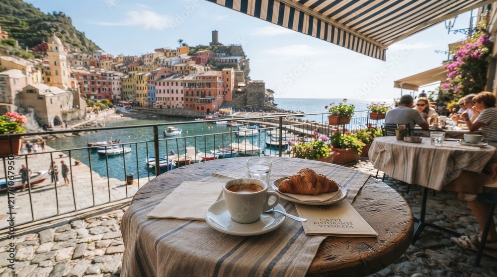 Fototapeta premium Coffee and croissant on terrace overlooking coastal harbor