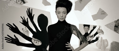 Conceptual Fashion Portrait with Surreal Shadow Art and Modern Abstract Elements