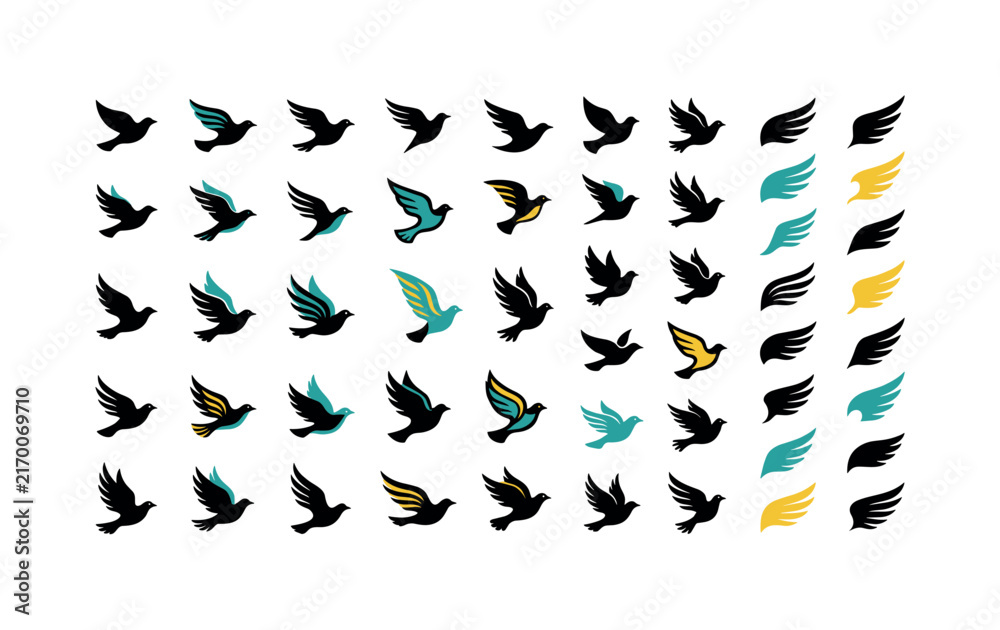 Fototapeta premium Collection of stylized bird and wing icons in various poses and colors