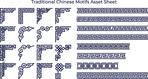 Traditional Chinese motifs asset sheet with corner ornaments and linear borders vector design