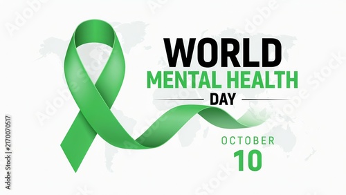 World Mental Health Day banner with green ribbon, October 10 awareness campaign graphic, mental health support concept with world map background and satin ribbon
