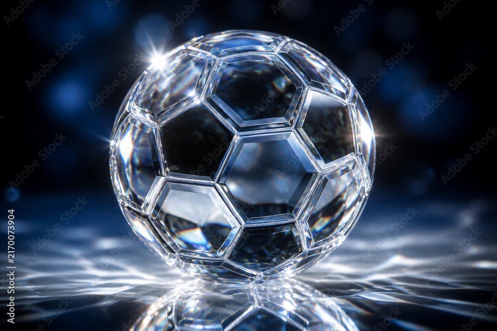 Naklejka premium Shiny crystal soccer ball gleams on reflective surface. Deep blue background enhances its brilliance and clarity. Light sparkles off each facet, creating vivid highlights. Perfect for luxury sports