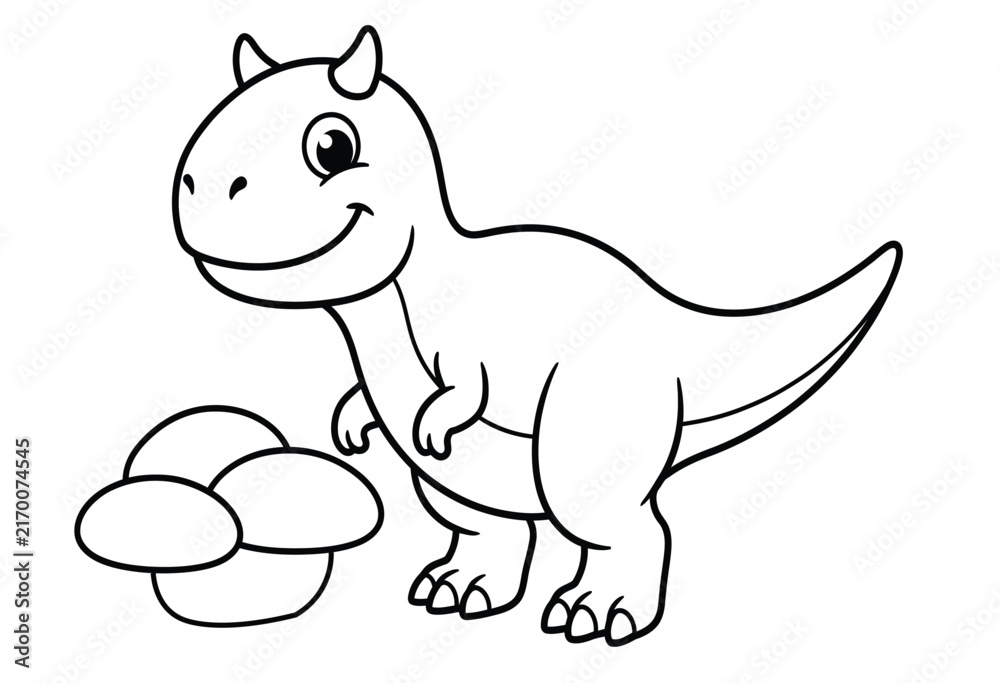 Fototapeta premium Cute cartoon dinosaur standing next to a nest of eggs for children coloring book page line art