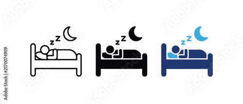 Sleep icon, person sleeping bed moon symbol, night rest healthy dream sign, hotel bedroom accommodation graphic. Vector illustration