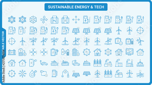 Sustainable energy and eco tech line icon set for green power