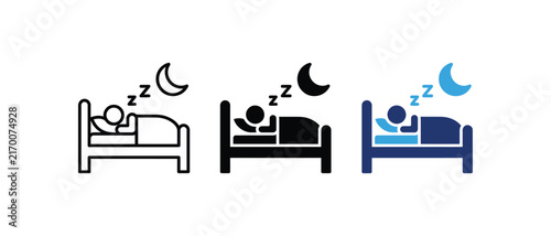 Sleep icon, person sleeping bed moon symbol, night rest healthy dream sign, hotel bedroom accommodation graphic. Vector illustration