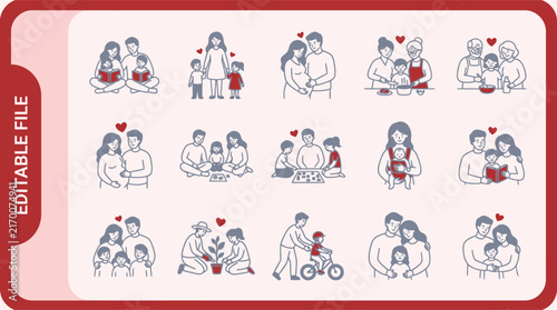 Family lifestyle line icon set for happy parenting and child care