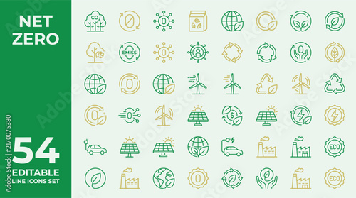 Net zero emission icon set for renewable green energy and sustainability