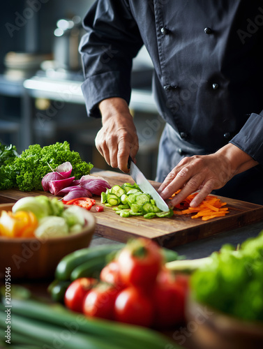 Professional chef slicing fresh vegetables in restaurant kitchen