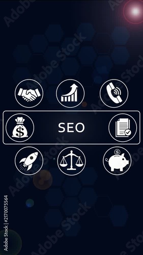 Seo strategy and digital marketing concept with animated business and growth metrics search engine optimization