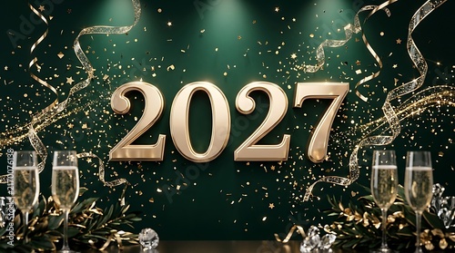 Celebrating New Year 2027 with sparkling champagne and festive decor