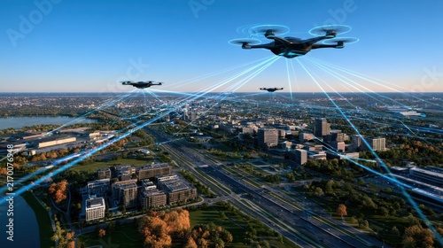 Fleet of intelligent drones surveying a smart cityscape with digital mapping overlays, highlighting futuristic technology.