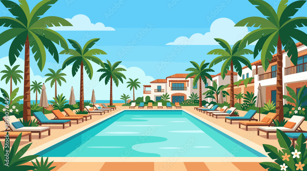 Fototapeta premium Luxury resort swimming pool surrounded by palm trees and lounge chairs