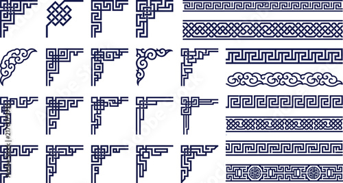 Traditional Chinese corner and border patterns vector collection with meander and knot motifs