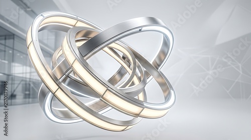 Abstract metallic rings with glowing lights representing technology and innovation concept