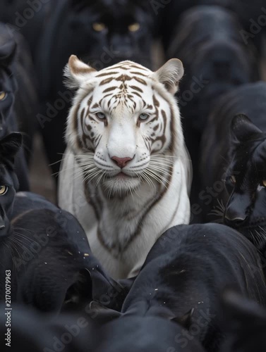 White tiger standing out in a crowd of black panthers
