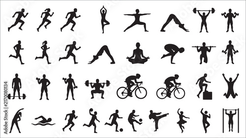 Sports and Fitness Silhouette Collection Healthy Lifestyle Gym Workout Yoga Exercise Vector Icons