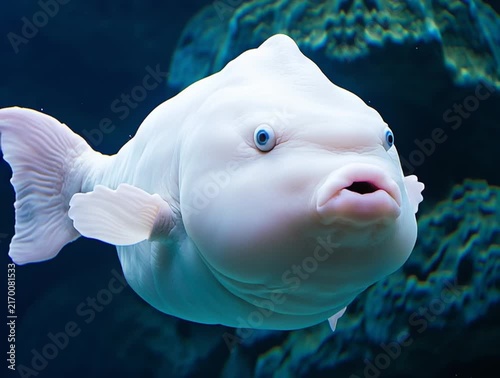 Curious albino fish swimming in dark blue water
