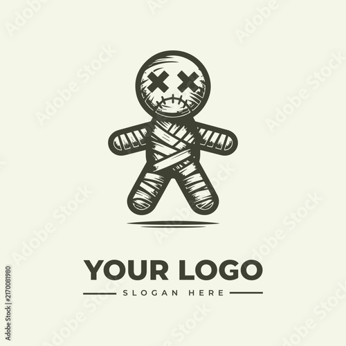 Minimalist vector logo design featuring a cute voodoo doll character with stitched eyes and bandaged body.