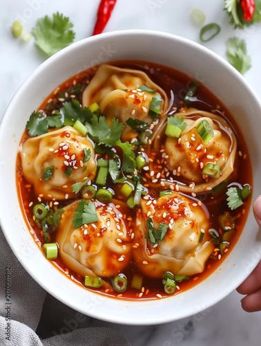 Spicy wonton soup garnished with sesame seeds and coriander