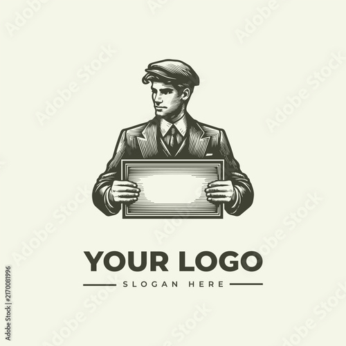 Vintage style illustration of a man wearing a flat cap holding a blank sign for a logo.