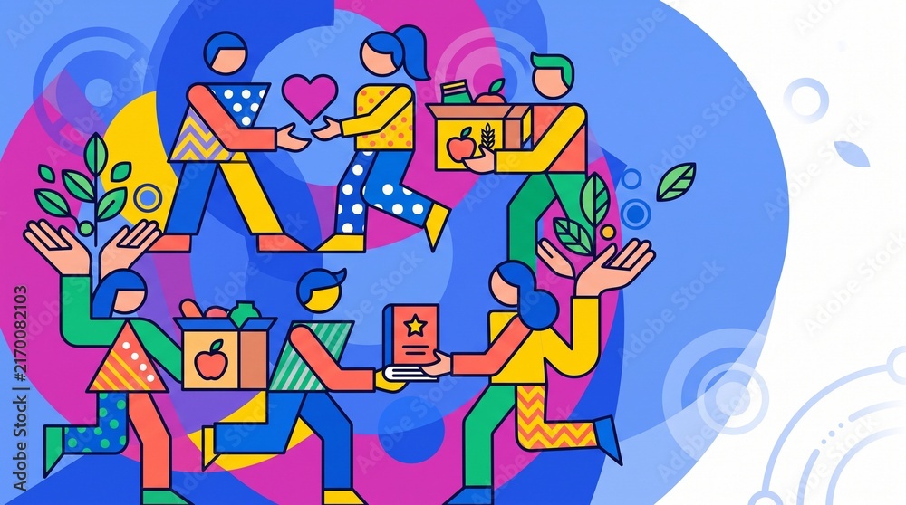 Obraz premium International Day of Charity colorful illustration with volunteers sharing food, books and kindness, representing donations, humanitarian aid, sustainability and community support