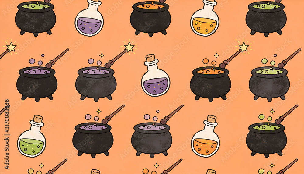 Halloween seamless pattern. Witches cauldron, magic potion bottles, and wands on orange background. Hand drawn doodle style illustration.