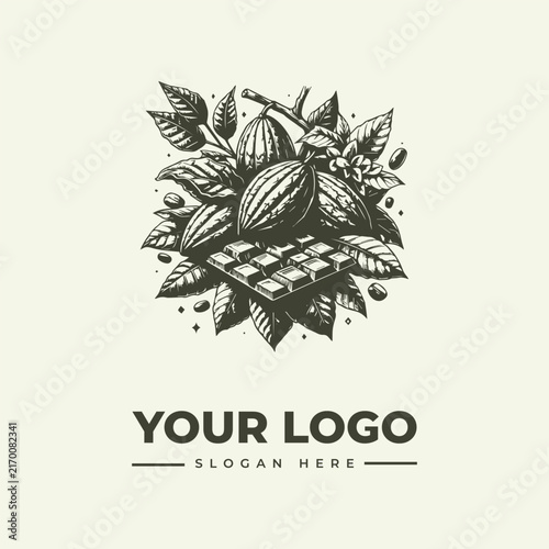 Vintage hand drawn cocoa bean and chocolate bar logo illustration.