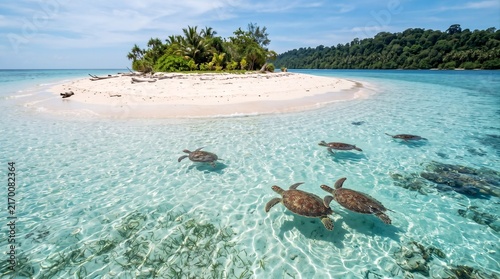 Green sea turtles swimming in crystal clear turquoise water near a tropical white sand island
