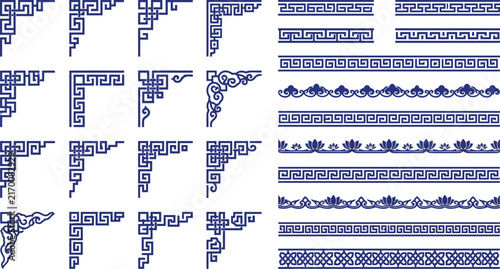 Traditional Chinese corner and border patterns vector collection with meander and lotus motifs
